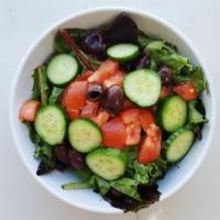 Garden Salad · Mix green, tomatoes, cucumbers, marinated olives, and balsamic dressing.