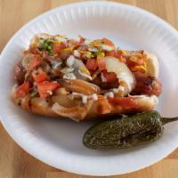 Beef Bacon Wrapped Hot Dog  · Toppings: ketchup, mayonnaise, mustard, relish, Pico de Gallo,  grilled onions and jalapeño....