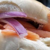 Lox Bagel · Smoked salmon, cream cheese, red onions, tomato, capers, pepper