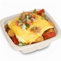Breakfast Bowl · Two eggs any style, crispy tots, grilled bell peppers & Onions melted cheese, & Pico de gallo