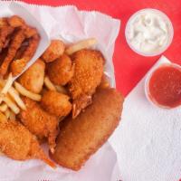 Deep Fried Seafood Combo (Choose 3 Of 4) · Shrimp, Scallops, fish, or clams and $1 .14 extra for the the 4th item.