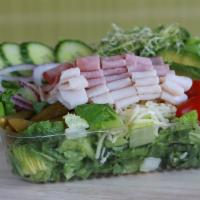 Chef Salad · Sliced ham and turkey, avocado, English cucumbers, jack cheese, grape tomatoes, baby dill pi...
