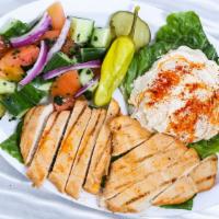 Mediterranean Salad · Chicken breast, with side of homemade hummus, and house salad (cucumber, tomatoes, onions, a...