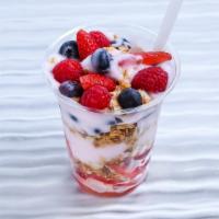 Fruit Parfait · Strawberry, blueberries, granola, and fat free yogurt.
