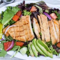 Grilled Chicken · Baby mix greens, tomatoes, cucumbers, red onions, avocado and grilled chicken breast.
