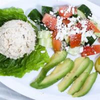 Tony Salad · Tomatoes, cucumber, and feta cheese, with avocado and scoop of tuna.