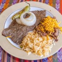 Carne Asada Plate · Choose your protein (steak or chicken) grilled onions, grilled jalapeños, tortillas, rice an...