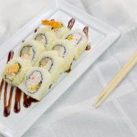 Crunchy Roll · In: Shrimp tempura, snow krab, avocado, cucumber. Top: tempura flakes, eel sauce.