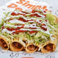 Flautas · Enjoy Chandos signature shredded chicken inside a rolled tortilla that is deep-fried and top...