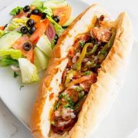 Italian Sausage Sandwich · Sauteed onions and assorted peppers with Italian sausage and marinara sauce baked with mozza...