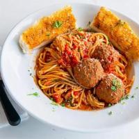 Spaghetti Meatballs · Spaghetti served with Marinara sauce and three Meatballs. All pasta dishes are served with g...