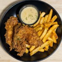 Chicken Tenders With Fries · Our fresh, never frozen chicken tenders hand-battered in our house-made chicken fry, served ...