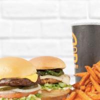 Trio (Three Burger Combo) · Choose three (3 oz.) proteins and mix & match your toppings. Served with fries & drink