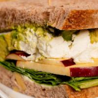 Avocado Club · Avocado, red delicious apples, lettuce, chevre goat, cheese and mayo on walnut bread.