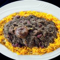 Tahdig Vegetarian · Crispy rice with ghormeh sabzi.