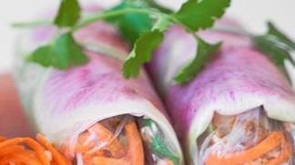 Fresh Spring Rolls · Contains gluten. Your choice of meat wrapped in rice paper with pickled carrots, pickled Dai...