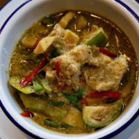 Spicy Green Curry · Spicy. Thai style spicy curry with green thai chiles, shrimp paste, kaffir lime, coconut mil...