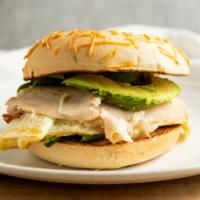 The Morning Starter · Turkey, egg white, pepper jack cheese, spinach, and avocado on choice of bagel.