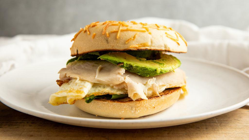 The Morning Starter · Turkey, egg white, pepper jack cheese, spinach, and avocado on choice of bagel.