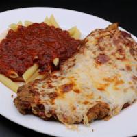 Chicken Parmigiana · Lightly breaded boneless cutlet baked with marinara sauce and topped with mozzarella