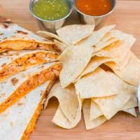 Chipotle Chicken Quesadilla · 13” flour tortilla shredded chicken in a red sauce, jack cheese, caramelized onions-poblano ...