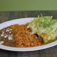 3 Cheese Enchiladas · Big portion of (3) corn tortillas wrapped in Oaxaca & Jack cheese, topped with homemade gree...