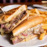 Beef Dip · Thinly sliced roast beef with grilled onions, Swiss cheese and creamy horseradish mayo. Serv...