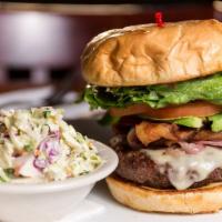 Abc Burger · Avocado, bacon, Swiss cheese, lettuce, tomato, pickle, 1000 island and grilled onions.