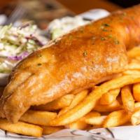 Pub Style Fish & Chips · Fresh Pacific whitefish in a house made beer batter with home made tarter sauce and coleslaw.