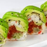 No Rice Roll #2 · Crab, spicy Tuna, and cucumber with soy paper (In). Avocado (Top)