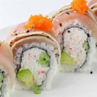 Albacore Roll · Crab, cucumber, and avocado (In). Albacore, green onion, and masago (Top).