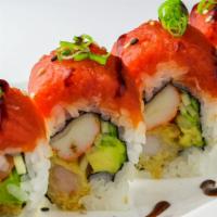 San Diego Roll · Shrimp tempura, crab, avocado, and cucumber (In). Spicy tuna (Out).