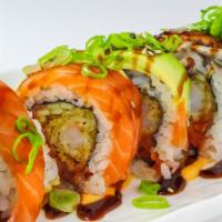 Energy Roll · Spicy tuna, cucumber, and shrimp tempura (In). Eel, salmon, and avocado (Out).