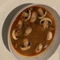 Tom Yum - Small · Spicy. Thai hot and sour soup with lemongrass, lime juice, fresh mushroom, tomatoes and red ...