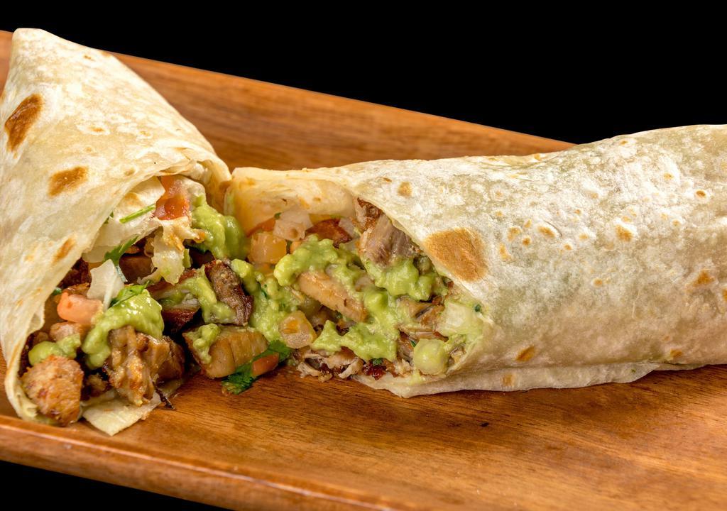 Carnitas Burrito · Pork, pico de gallo, guacamole.