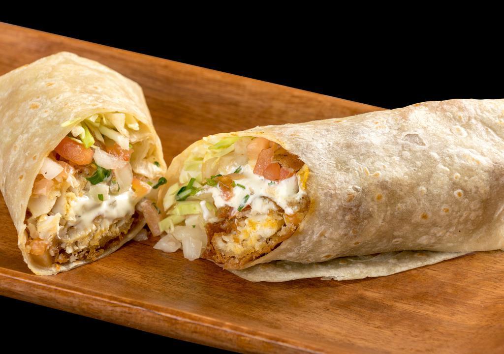 Fish Burrito · Tartar sauce, cabbage, pico de gallo.