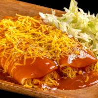 Cheese Enchilada · Two cheese enchiladas topped with cheese and lettuce.