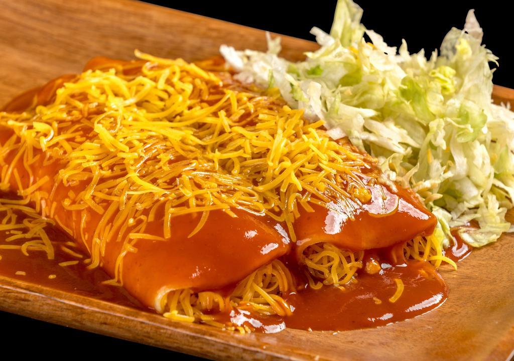 Cheese Enchilada · Two cheese enchiladas topped with cheese and lettuce.