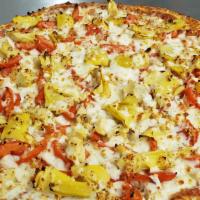 Chicken Delight (Medium) · Grilled chicken, roma tomatoes, artichoke hearts, fresh garlic, and extra cheese.