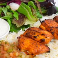 Chicken Breast Plate · All-Natural chicken breast kebab (white meat), house mix, rice, salad, lavash, and 1 side.