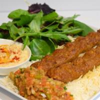 All Beef Lule Plate · 9oz. (2 skewers) of 100% Certified Angus Beef (ground), house mix, rice, salad, lavash and 1...