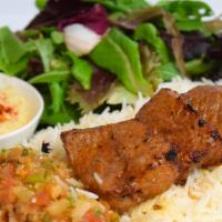 Beef Shish Plate · Certified Angus Beef Tri-Tip kebab (steak), house mix, rice, salad, lavash, and 1 side.