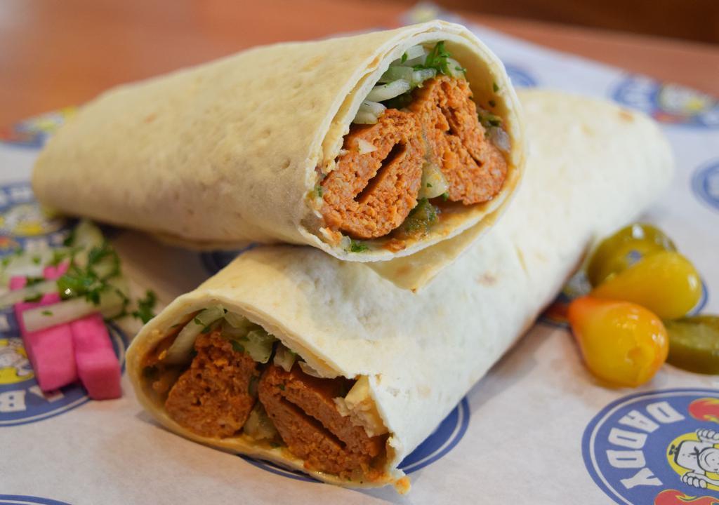All Beef Lule Wrap · 8 oz. of 100% certified Angus Beef (ground), house mix, wrapped in all-natural lavash bread.