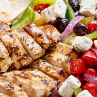 Chicken Greek Salad · Mountaire Farms Chicken, Gluten-Freem, All-Natural. Chicken breast, cucumbers, tomatoes, kal...
