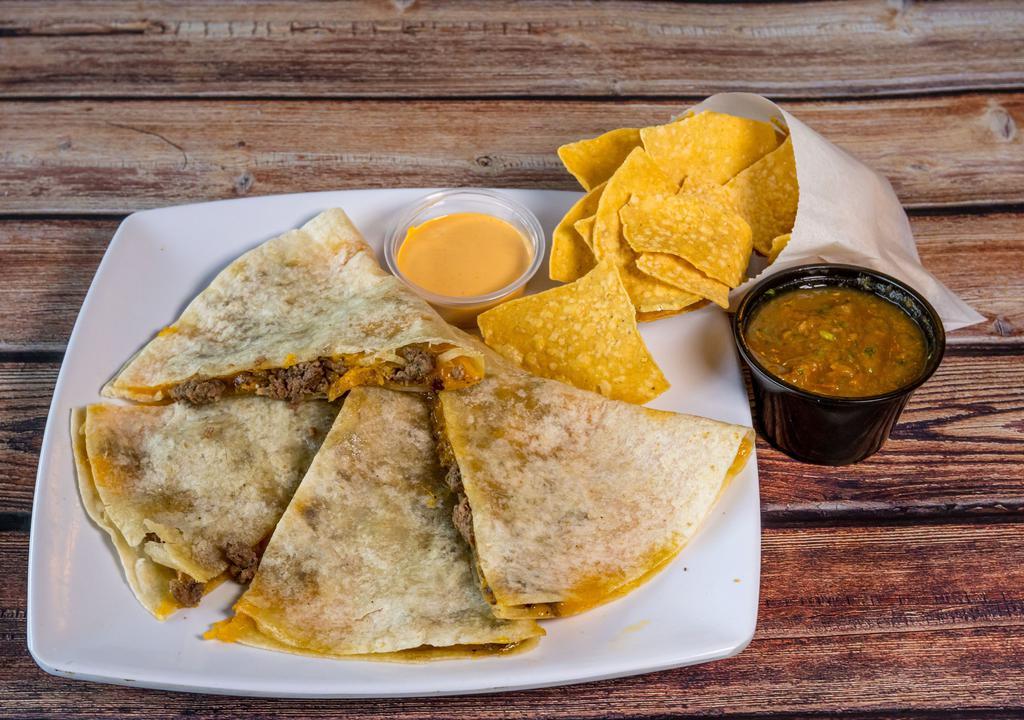 Cheese (Queso) · Flour tortilla with grilled protein, salsa, & tortilla chips with salsa fresca.