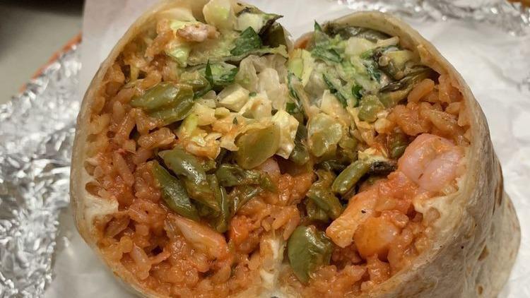 Shrimp Burrito (Spicy) · Spicy shrimp with rice, cheese, pico de gallo, sour cream and avocado.
