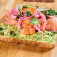 Avocado Salmon Toast · with pickled onions, capers and everything but bagel seasoning on sourdough toast