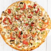 Chicken Garlic · Creamy garlic pizza sauce, mozzarella, chicken, mushroom, tomato, roasted red pepper and gre...