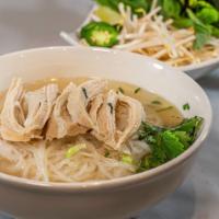 Pho Chicken Soup · White meat chicken, onions, chicken broth, Thai basil, lime, jalapeños.