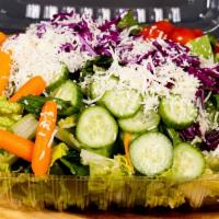 Garden Salad · Romaine Lettuce, Cherry Tomato, Carrots, Purple Cabbage, Cucumber, Monterey Jack Cheese